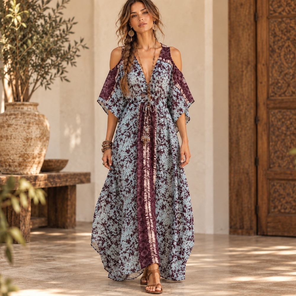 Free People Jaded Gypsy Blue Plum Batik Cold Shoulder Kimono Maxi Dress Small